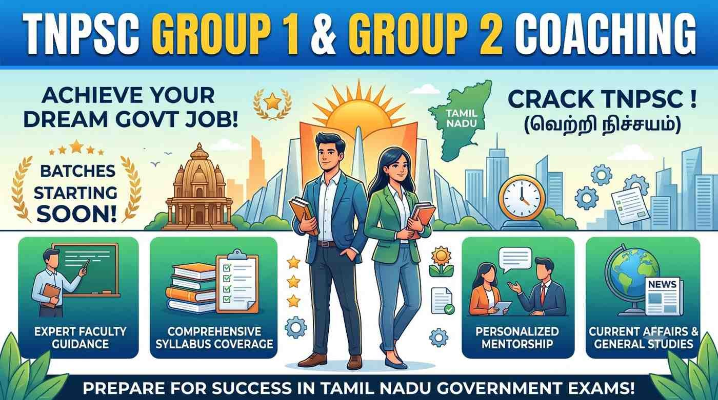 TNPSC Group 1 and 2 Course banner for Prelims and Mains featuring students and the Tamil Nadu state emblem